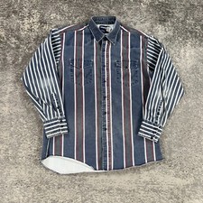 VTG Wrangler Brushpopper Shirt Mens 16.5X35 Blue Striped 90s Made In USA Rodeo
