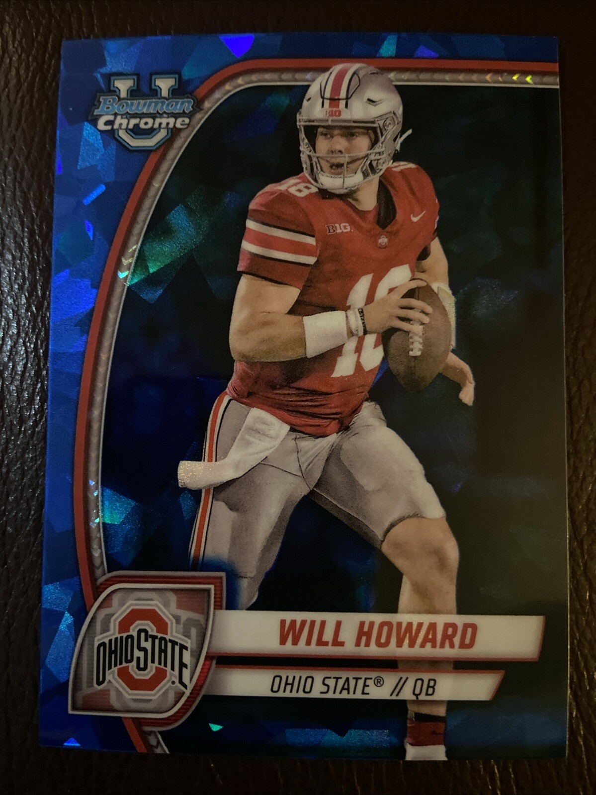 2024 Bowman University Chrome RC Will Howard Sapphire Cracked Ice Ohio State