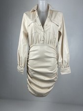 Pretty Little Thing Cream PU Ruched Pocket Detail Shirt Style Bodycon Dress Sz 8