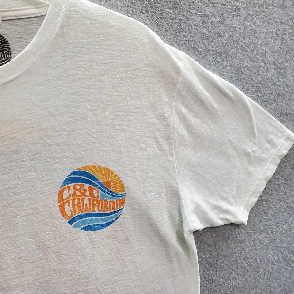 Camiseta C&C California Hombre Grande Blanca Logo Gráfico Puesta de Sol Playa Olas Cuello Redondo Foto 3 de 4