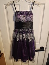 Blondie Nites Cocktail Midi Dress Purple Black Lace Above-knee Prom Ribbon, 5