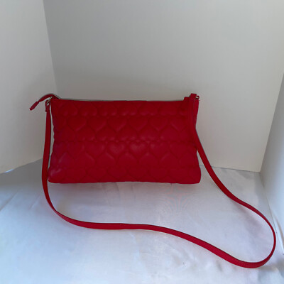 Betsey Johnson Red Puffed Heart Purse Handbag Crossbody Flower Interior  13”x8”