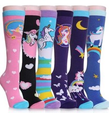 Fnovco 6 Pairs Girls Knee High Socks Unicorn Multicolor Size 3-12 New