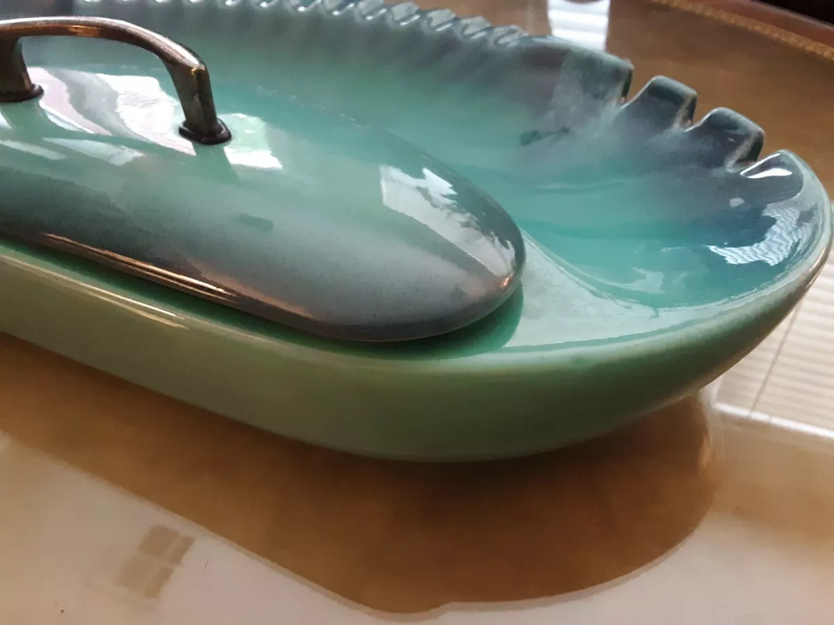 Royal Haeger Ashtray With Cigarette Holder and Lid Turquoise Very Rare r1607