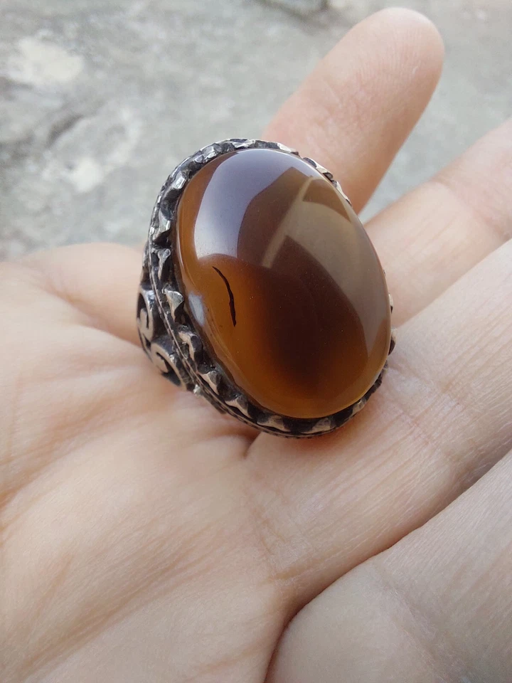 Anillo de Plata Ágata Aqeeq Yemení Sulimani MARRÓN GRANDE Anillo Akik Hecho a Mano Sufi Hombres Foto 4 de 4