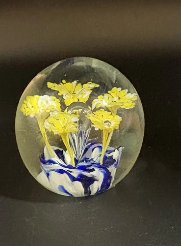 Vintage Murano Art Glass Paperweight: Yellow & Blue Flowers, Bolle Bullicante