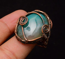 Botswana Agate Gemstone Copper Wire Wrapped Handmade Jewelry Ring Size 8.5