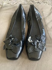 Black Shiny Leather Pumps With Flower Decals, Both Heels Need Replacing