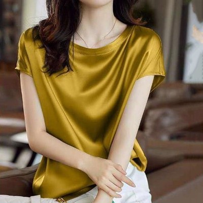Müheloser Stil Damen Büro Dame Tops Sommer Kurzarm Satin Bluse Shirts