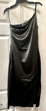 satin spaghetti strap dress features a cowl neck and a thigh-high slit.