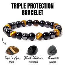 Unisex Triple protection Natural Black Obsidian Hematite Tiger Eye Bead Bracelet
