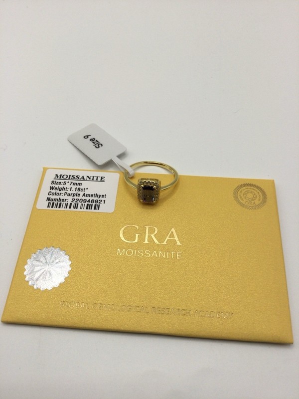 GRA 925 Yellow Gold Purple Emerald-Cut Moissanite Halo Ring Sz 9 7x5mm