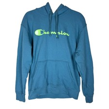 Champion Powerblend Hoodie Men's Blue Cotton Fleece Lined Logo Drawstring