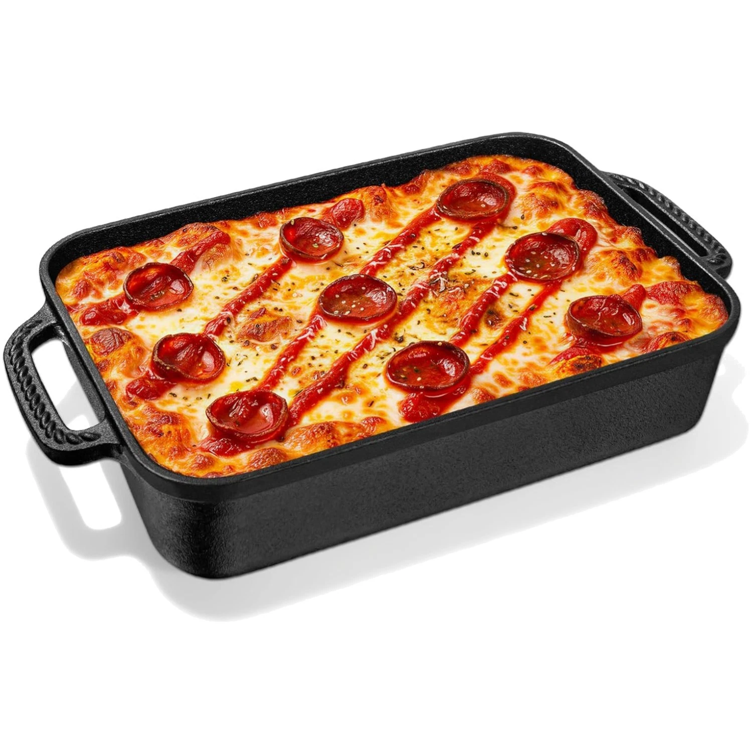 Cast Iron Detroit Pizza Pan - 9x13 Inch Pre-Seasoned Deep Baking Dish for Cas...