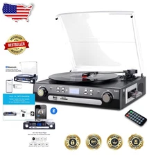 Vintage Style Bluetooth Record Player Turntable Vinyl MP3 Cassette Radio Remote