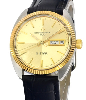 Vintage ETERNA MATIC 1000 5 Star Day Date Steel Gold Wrist Watch  New Old Stock