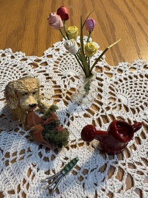 Dollhouse 1:12 Artist Made Jan Morey Puppy Dog w/Broken Planter + Garden Lot