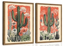 Framed Mexican Cactus Canvas Wall Art Set of 2, Vintage Desert Floral Picture...