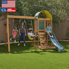 Wooden Outdoor Swing Set with Slide and Rock Wall