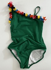 Hanna Andersson One-Piece Green Swimsuit with Colorful Floral Ruffle Trim, 12