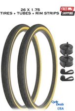 PAIR 26" x 1.75 Gum Wall Black Tires and Tubes Set DURO Comfort Bike MTB City