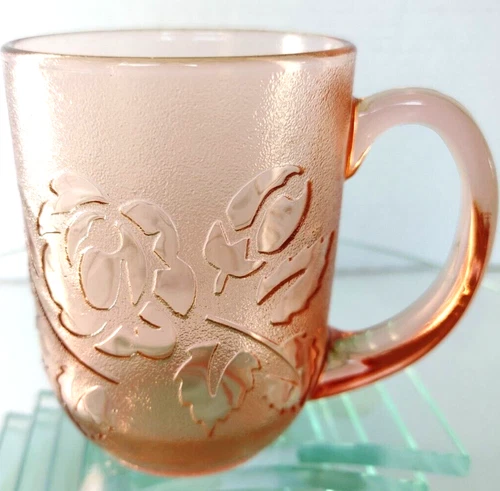 Arcoroc France Mug Glass Rosaline Blush Pink RARE Textured 4" Embossed Floral