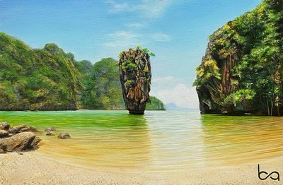 Thailand Landscape Painting Khao Phing Khan 4.75x7.25'' Acrylic Original on Wood