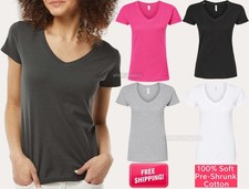 Womens Fine Jersey Tee Ladies 100 USA Pre-Shrunk Cotton V-Neck T-Shirt XS-3XL