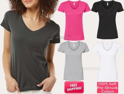 Womens Fine Jersey Tee Ladies 100% USA Pre-Shrunk Cotton V-Neck T-Shirt XS-3XL