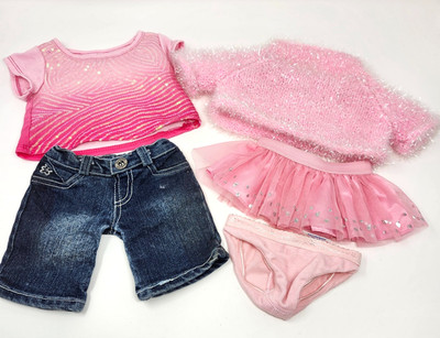 Lot Build A Bear Clothes Pink Sparkly Sweater Top Tutu Skirt Jeans