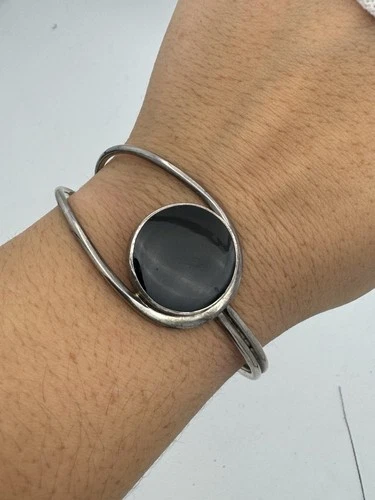 Modernist 925 Sterling Silver Ring Vintage Onyx Cuff Bracelet