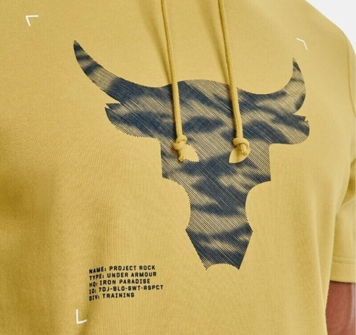Under Armour Mens Project Rock Short Sleeve Hoodie Terry Under Paradise Yellow L - Picture 3 of 13