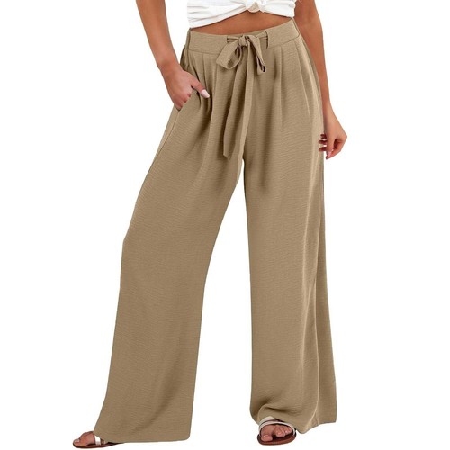 Women's Linen Wide Leg Pants Loose High Waist Beach Haren Trouser With Pockets - Picture 39 of 58