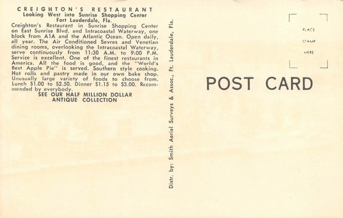 Creighton's Restaurant On Intracoastal Waterway Ft Lauderdale,FL Vtg Postcard - Picture 2 of 2