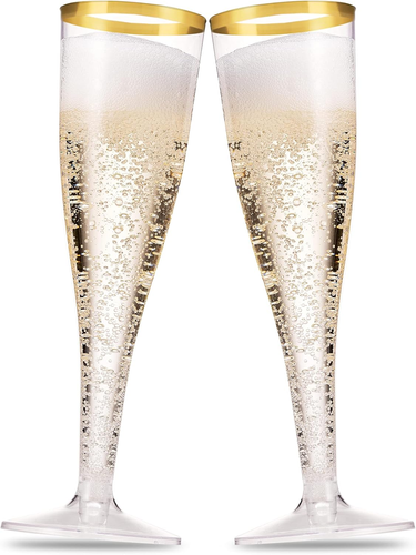 100 Pack Gold Plastic Champagne Flutes, 5 Oz Clear Plastic Toasting Glasses Fanc