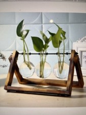 Glass Plant Propagation Triple Vase With Wooden A-Frame Stand Hydroponics Decor