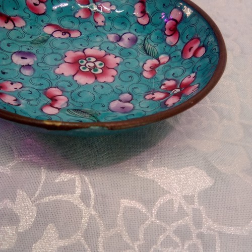 Antique 19th Century Chinese Export Canton Enamel Copper Bowl Blue Cherry Flower - Picture 8 of 8