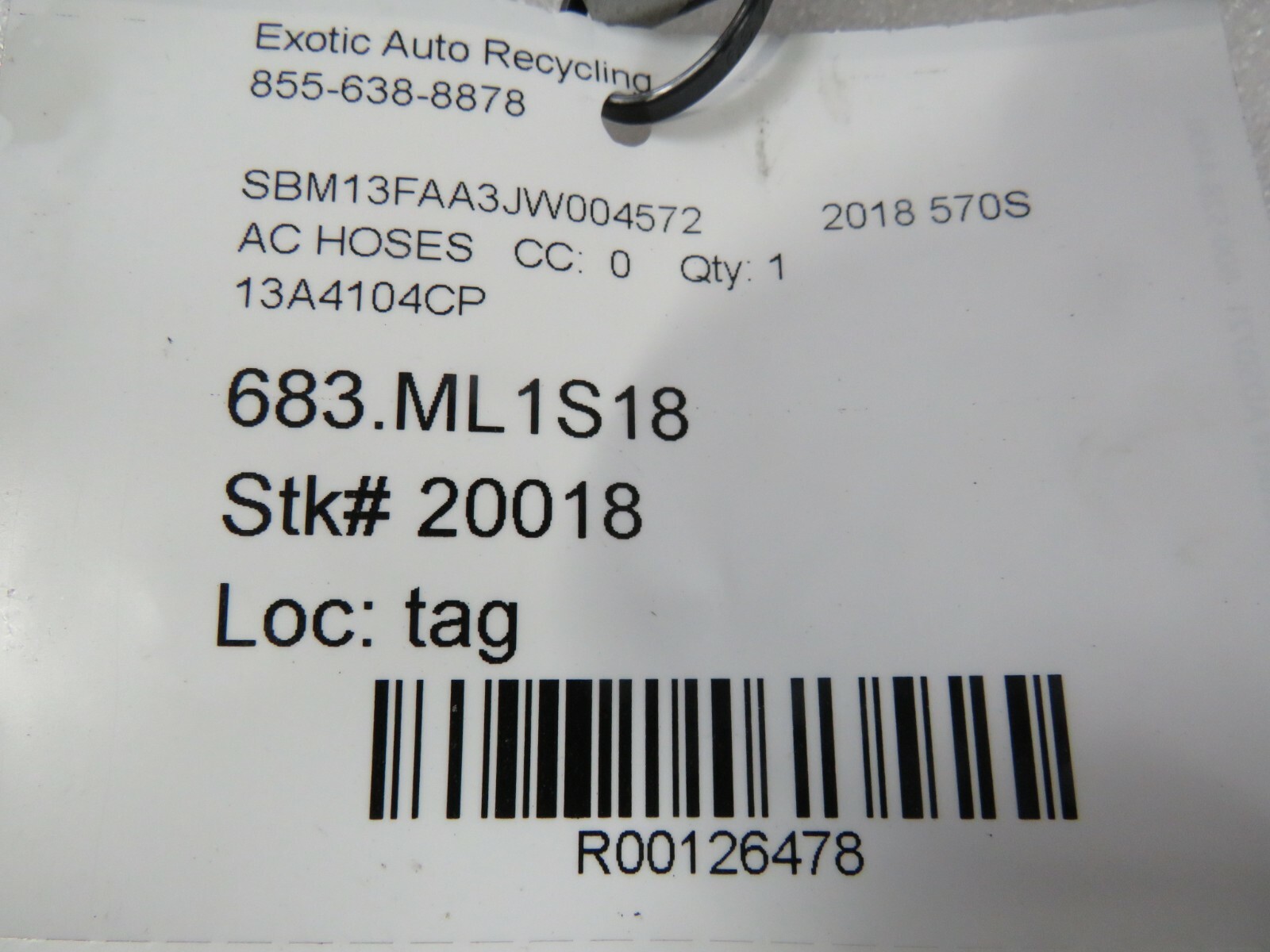 McLaren 570S, AC Hose, Used, P/N 13A4104CP