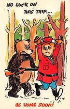 Comic Old Chrome Postcard of Bear Walking Hunter At Gun Point Through the Woods