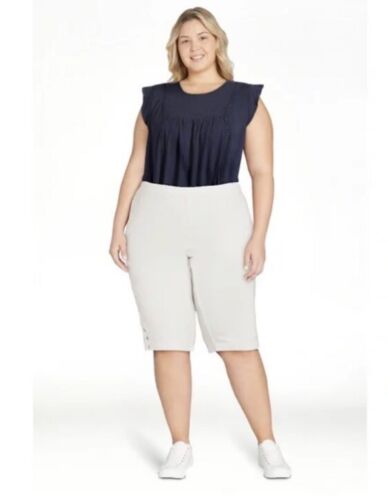 Just My Size Women’s Plus Bling Tab Stretch White Capri Pants 2X (18W-20W) New
