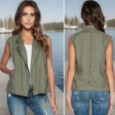 Anthropologie Michael Star Zip Vest Size M Moto Style Sage Green Linen NWT