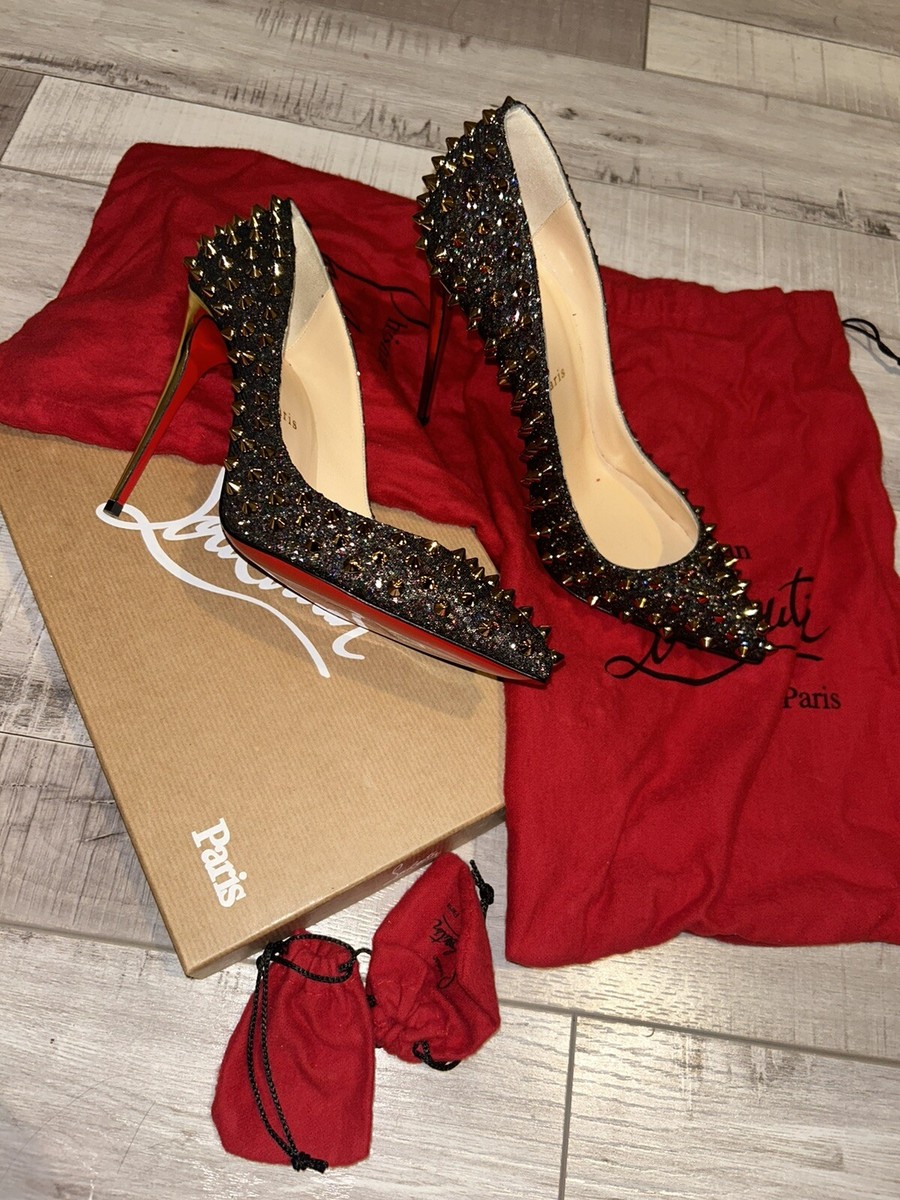 Christian Louboutin Follies Spikes 100 Glitter Heels Black/gold