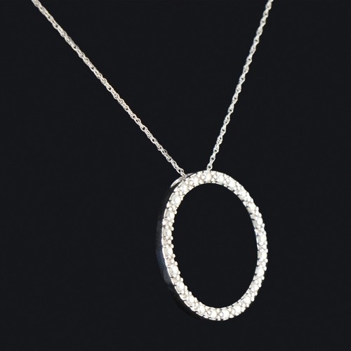 Modern Solid 10K White Gold & Diamond Open Circle Pendant 17.5" Chain Necklace - Picture 3 of 8