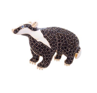 Badger Pin Brooch Gold Plated Metal Alloy Set With Enamel And Czech Crystals