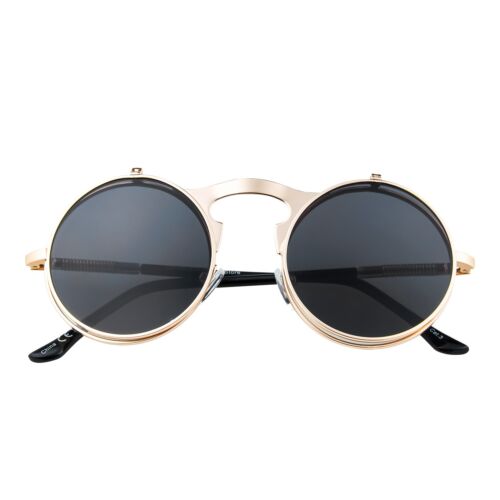 Gold and Black Flip Up Round Steampunk Sunglasses Goggles Retro Cyber Glasses - 第 2/9 張圖片