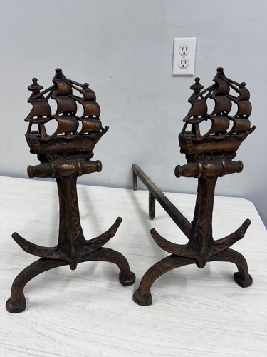 Vintage Nautical Andirons-Myer S. Rubens Spokane Wash. 16"T x 10"W x 24"D USA! - Picture 2 of 10