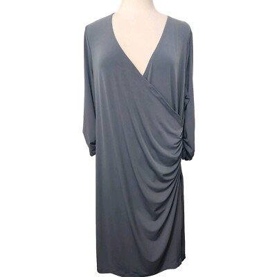 Woman Plus 1X Dress Gray Crossover Side Ruched Stretch Pullover 3/4 Sleeve Knit