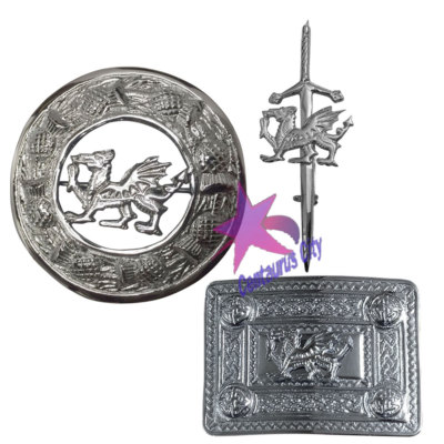 CC Kilt Pin/Kilt Gürtelschnalle und Fliege kariert Brosche Drache Abzeichen Set verchromt