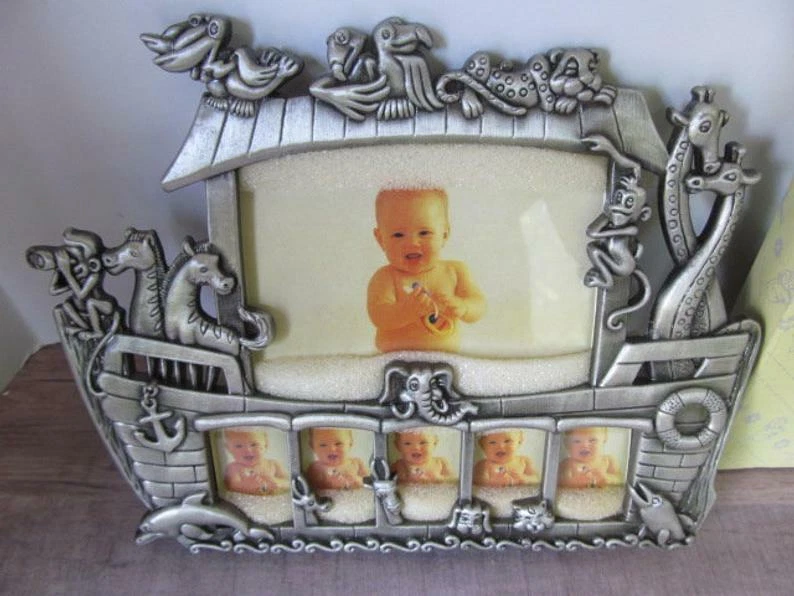 Marco de bebé de peltre Arca de Noé 7 aberturas SIN CAJA tema náutico Foto 3 de 3