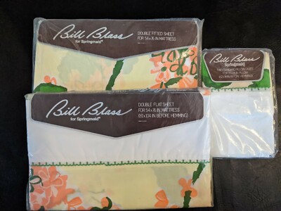 Vintage Bill Blass 4 PC Doppel Bettlaken Set Springmaid Pink Gelb Blumen Neu